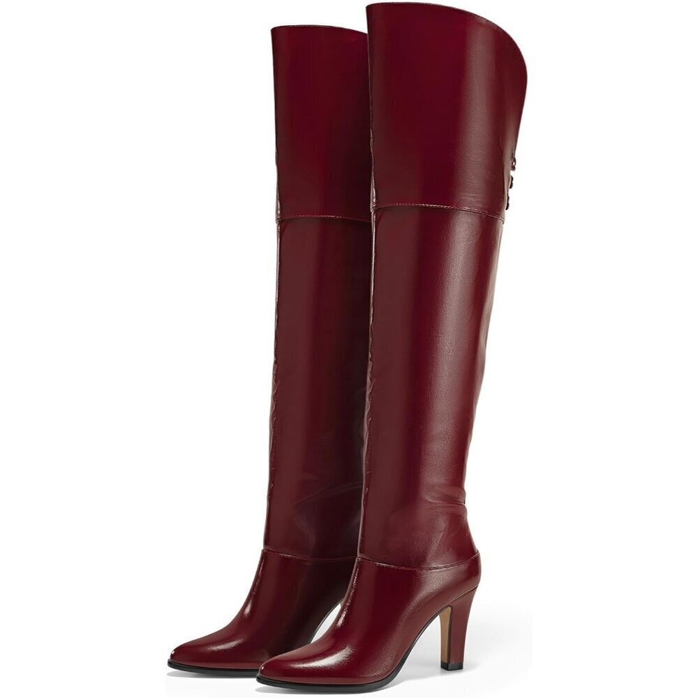 🆕Women Burgundy Synthetic Thigh High Pointed Toe Chunky Heel Over the Knee Boot - Picture 4 of 6